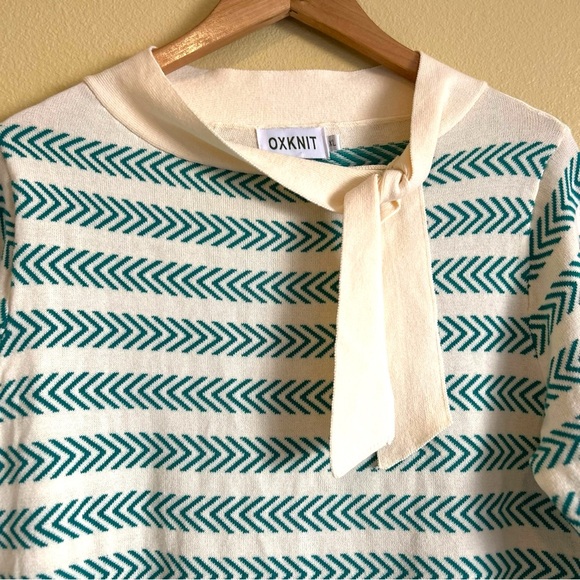 Oxknit Sweater Women’s XL 60s Retro Geo Mod Style Cotton Long Sleeve Teal Cream - Picture 5 of 16